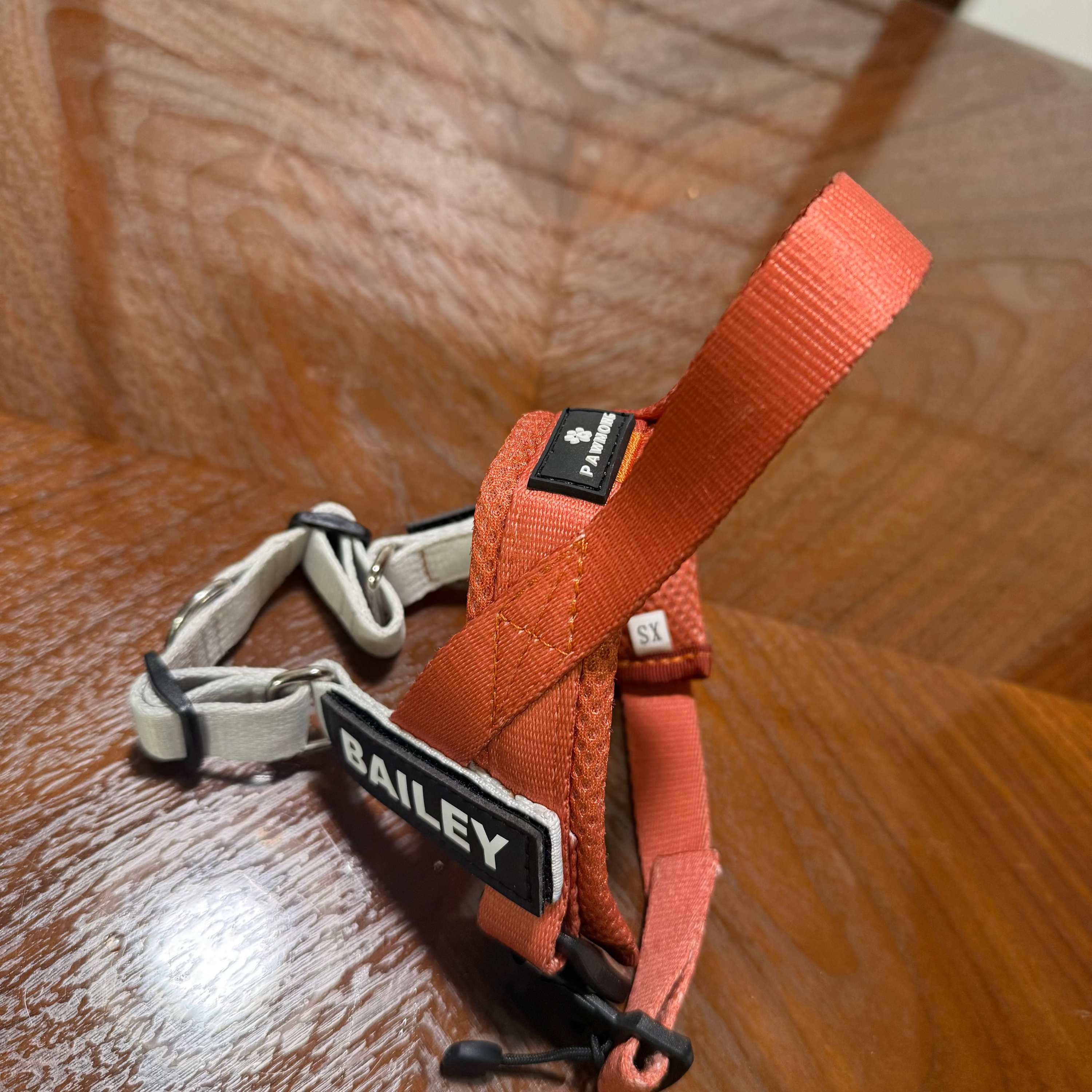 An orange dog harness with a black and white BAILEY name patch, resting on a polished wooden table.